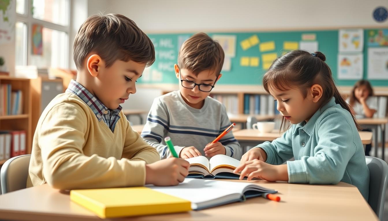 Students studying together in modern classroom